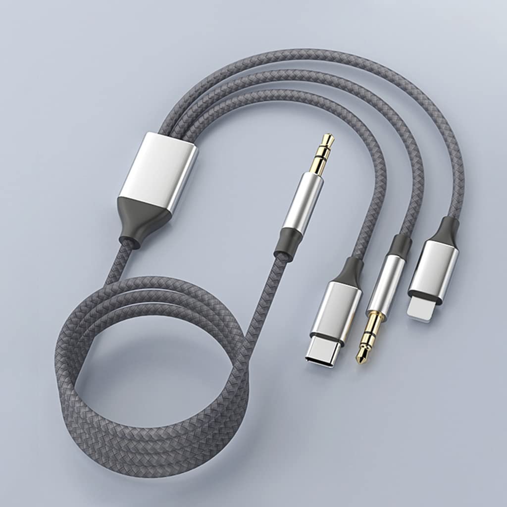 Verilux 3 in 1 Aux Cable for Car and Speakers with 1.2m Nylon Braid | Type C and Lightning