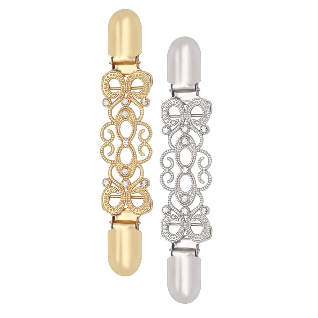 SANNIDHI Shawl Clips for Women 2Pcs with Cutout Diamond Design in Gold and Silver | Secure Privacy Guards for Cardigans and Scarves