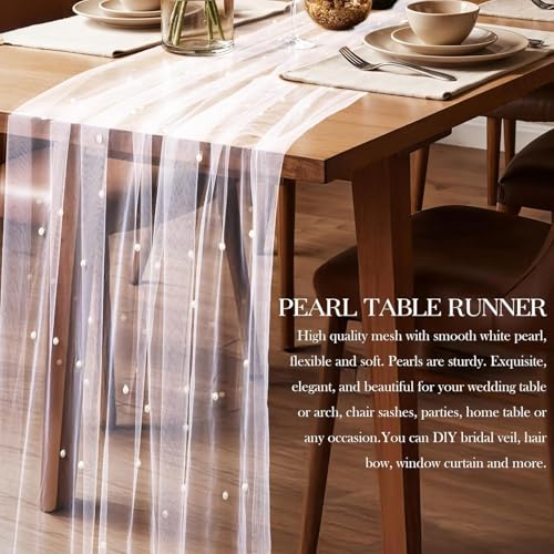 HASTHIP® Sheer Lace Tablecloth, 80x300cm Pearl Embellished Table Cover Table Runner, Decorative Room Decor Background Table Setting for Event, Special Days, Party