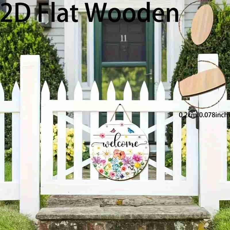 HASTHIP® 1pcs Charming Spring Floral Welcome Sign Country Style Wooden Door Hanging with Butterfly Decoration for Indoor/Outdoor Farmhouse Porch & Window Decoration