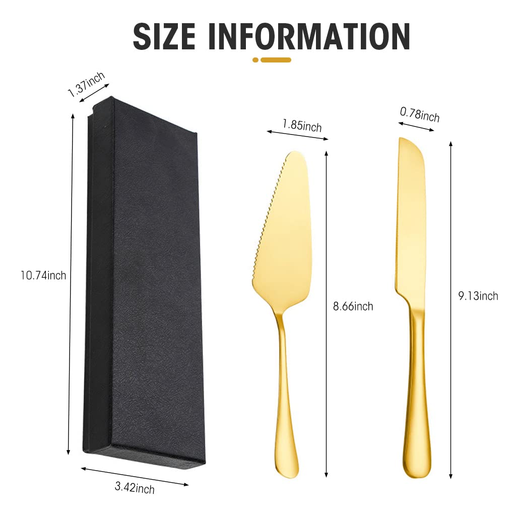 Supvox Cake Cutting Knife Set for Birthday and Wedding with 9 in Cutter and 8.6 in Server | Gold Stainless Steel Gift Set
