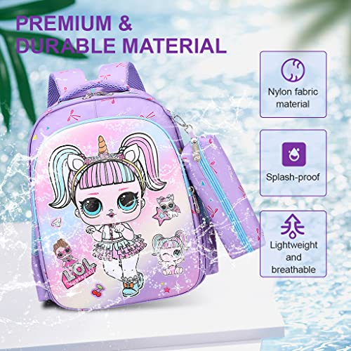 PALAY® Small Backpack for Girls with Pencial Case Violet Cartoon Print Waterproof School Backpack for Girls School Bag for Girls Kids for 3-5