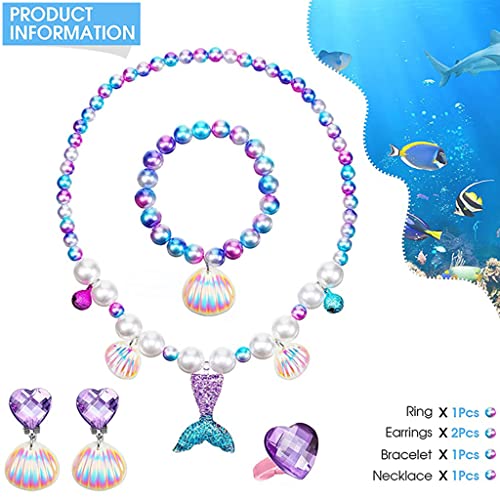 SANNIDHI® Mermaid Necklace Bracelet Kids Jewellery for Girls Set of 5 Pearl Beads Seashell Earrings Ring Kit Party Costume Jewelry Toddler Birthday Christmas Gift 3 PCS