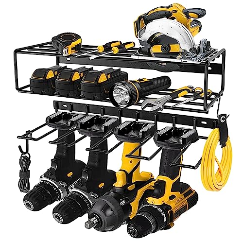 HASTHIP® Electric Tool Organizer Rack Wall Mount, Metal Heavy Duty Floating Tool Shelf, 3 Layers Cordless Drill Storage Rack, Screwdriver and Drill Holder, Battery Rack for Garage