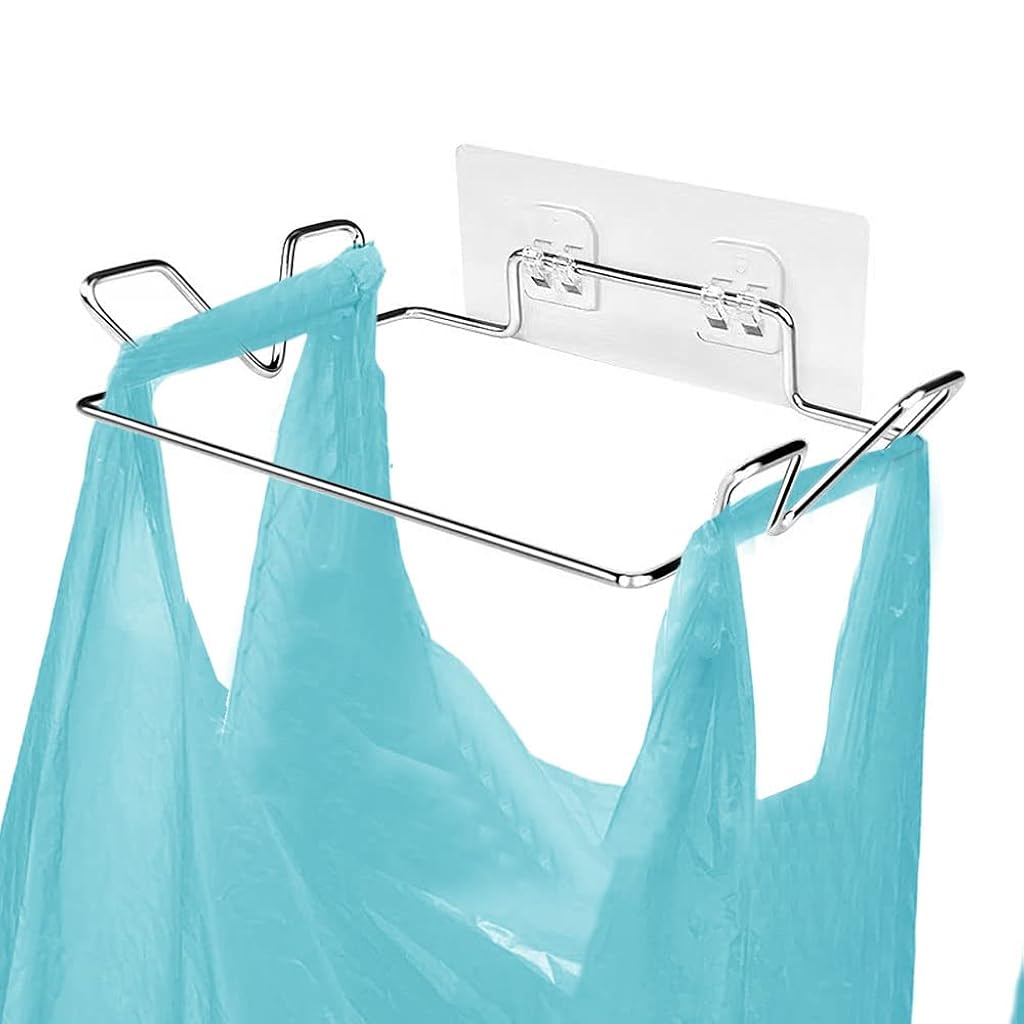 Supvox® Garbage Bag Holder for Cupboards Kitchen Cabinet Door, Stainless Steel Portable Garbage Bins (with Wall Sticker Base) Kitchen Waste Bins, Easy to Store, Can Be Put Away at Any Time, Silver