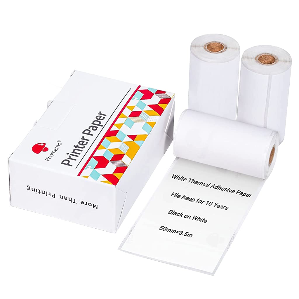 ZORBES® Thermal Printer Paper Poll 3 Pcs White Self-Adhesive Thermal Printing Paper Printer Sticker Paper for Mini Thermal Printer, Printing Paper Roll for Phomemo T02/M02X Bluetooth, 50mm*3.5m/Roll