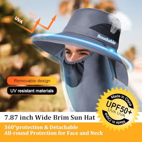 GUSTAVE® Sun Hat Wide Brim Hiking UV-Protection with Neck Flap Removable Face Cover Outdoor Unisex with Chin Strap Breathable for Fishing Gardening Grey 2 PCS
