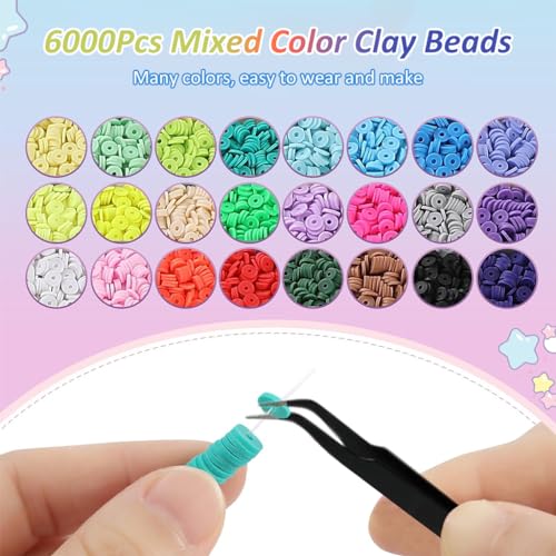 SANNIDHI® Clay Beads for Bracelet Making Kit 12000PCS 24-Color Flat Polymer Set with Letter Heart Smile Face Gold Charms Tools Jewelry DIY Crafts Gift for Girls Women