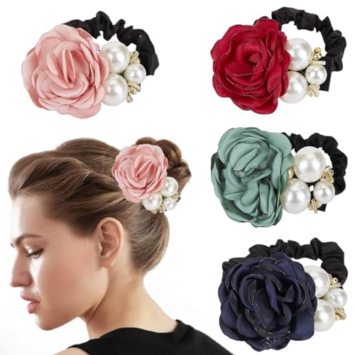 PALAY® 4pcs Hair Scrunchies for Women Rose Flower Hair Ties Rope Handmade Pearl Hair Elastics Bun Accessories Elastic Ponytail Holder Gift for Girls