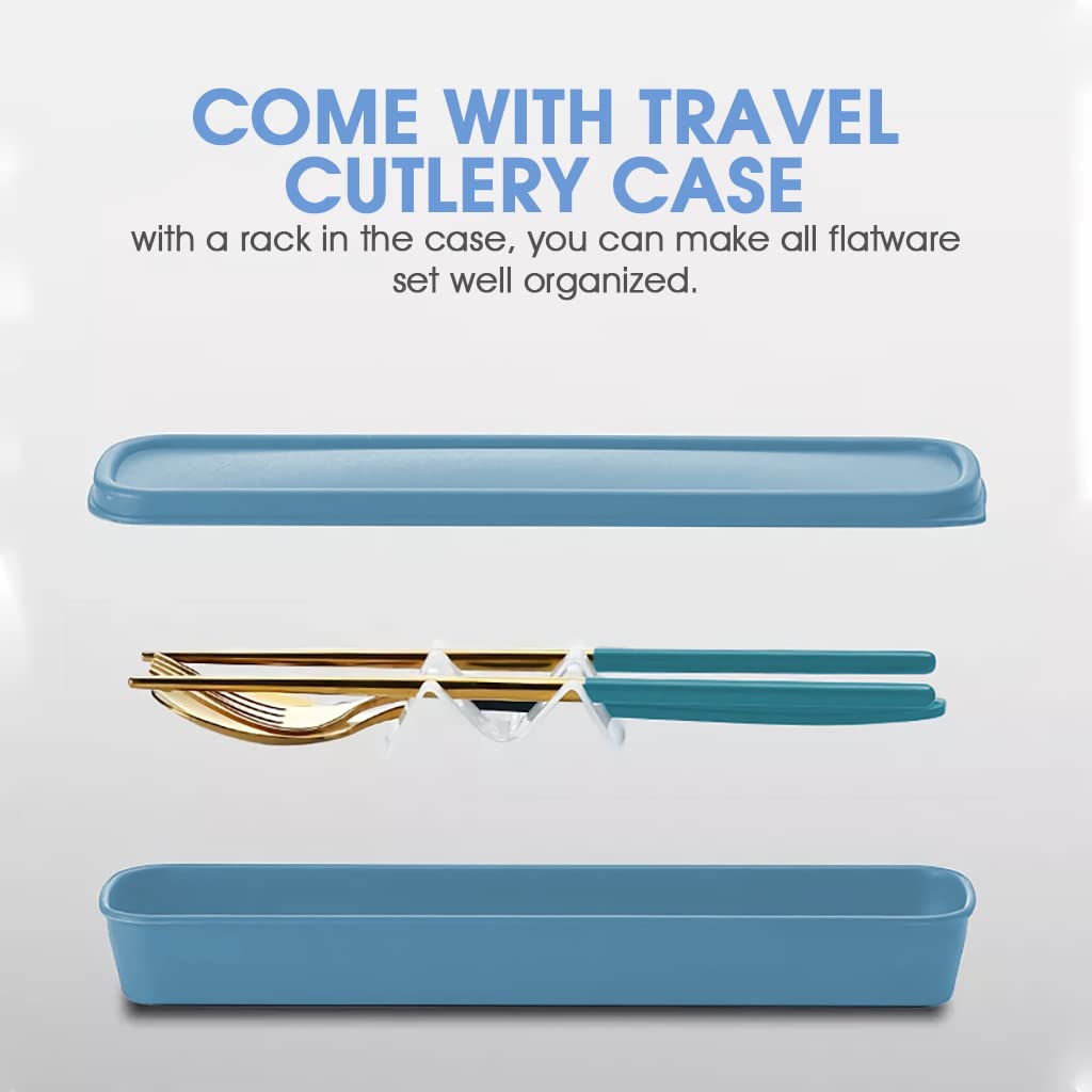 HASTHIP Cutlery Set for Travel and Camping with Case including 3 Pcs Gold Stainless Steel Flatware (Blue)