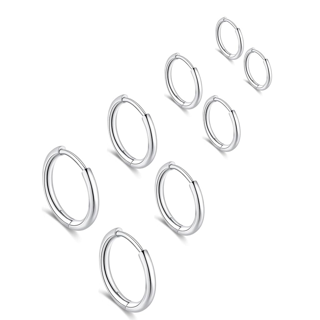 SANNIDHI 4 pairs Round Hoop Earrings 8MM/10MM/12MM/14MM Silver Hoop Earrings Surgical Stainless Steel Stylish Men Women Small Hoop Earrings