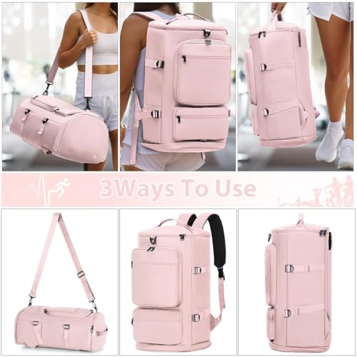 GUSTAVE® 40L Gym Bag for Women, 2-in-1 Fashion Nylon Travel Duffel & Backpack, Multipurpose Yoga & Sports Fitness Bag with Shoe Compartment, Waterproof Pouch, Convertible Crossbody for Travel, Pink