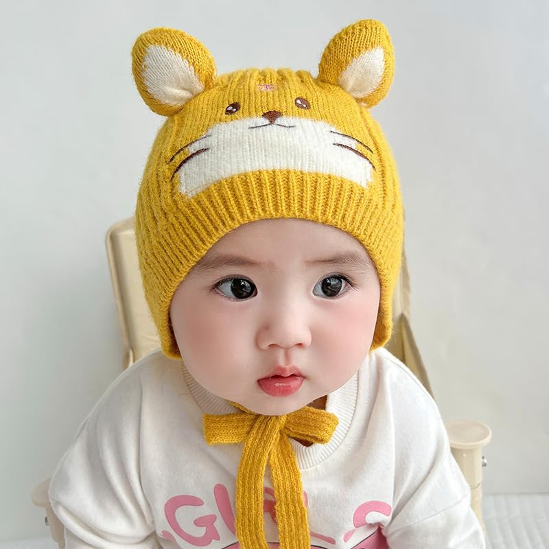 Zibuyu Baby Beanie Hat for 3–18 Months with 48 cm Fit featuring Cute Tiger Design | Yellow Cotton Knit