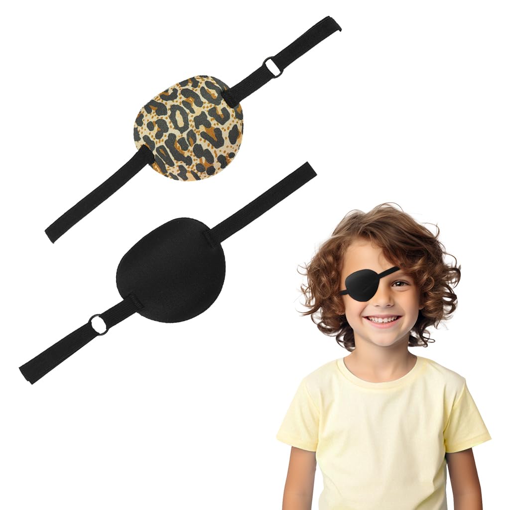 ZIBUYU Eye Patches for Lazy Eye with Adjustable Strap and 3D Soft Fabric | 2Pcs Black and Leopard Print