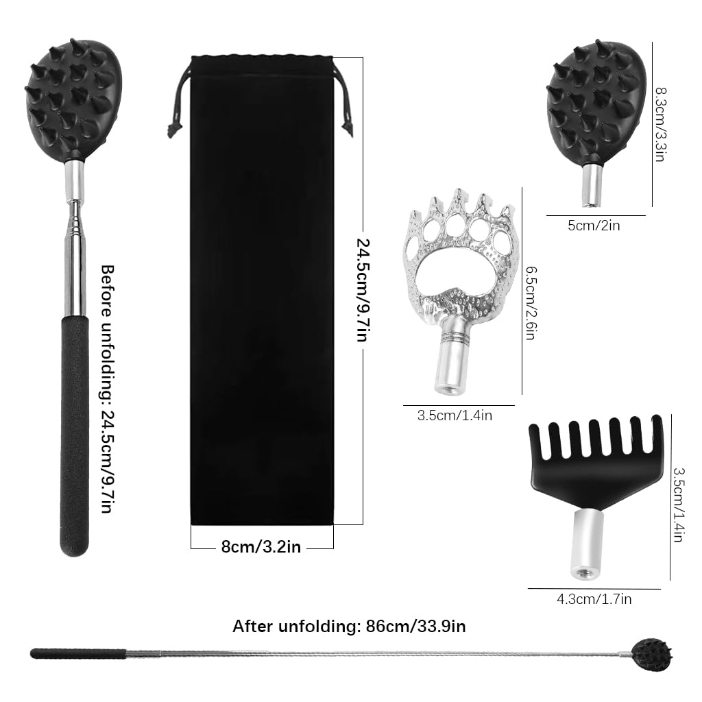 MAYCREATE® 3 in 1 Back Scratcher 7.48-24.8 inches Telescopic Back Scratcher with 3 Interchangeable Scratcher Heads Back Massager Scratcher Acupoint Massager Claw-end Rake-end Back Scratcher