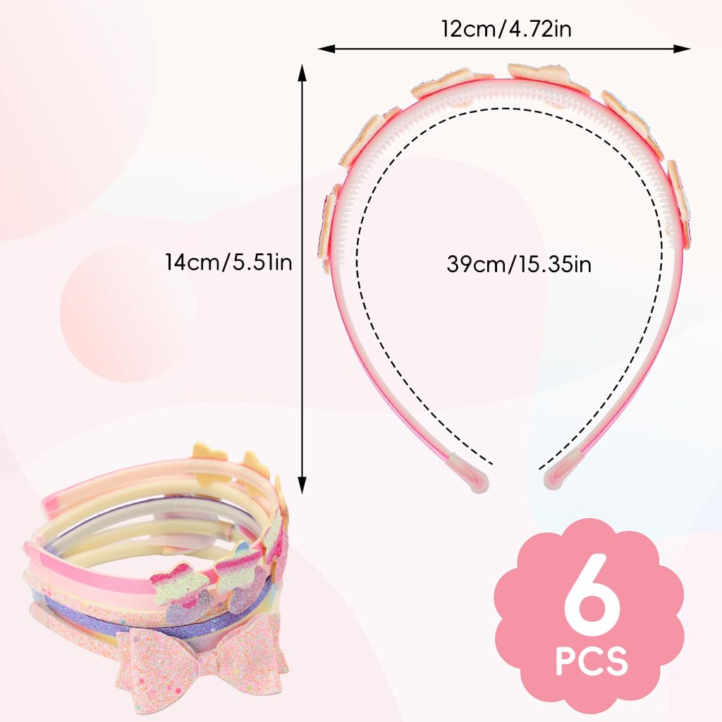 ZIBUYU Hair Band Set for Girls Kids featuring Heart Star Bow Charms | 6Pcs Rainbow Glitter Headbands 5.1in