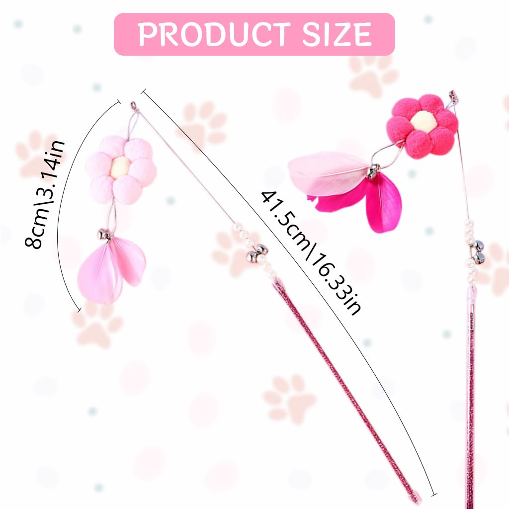 Qpets® Pet Toys for Cats, 2PCS Interactive Cat Toys for Persian Cat, Pink Cat Teaser Toy for Cats to Play Flower Feather Wands with Bell Feather Stick Teasing Toy