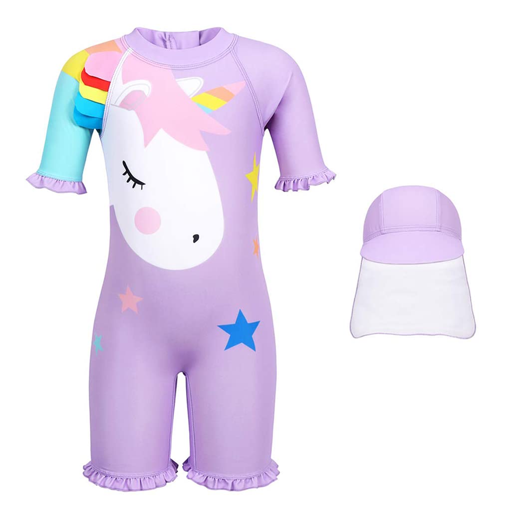 ZIBUYU® Swimming Suit for Girl with Hat Cartoon Unicorn Print Zipper Swimsuit Pool Summer Beach for Kids Girls of 125-135cm - 1pc Purple