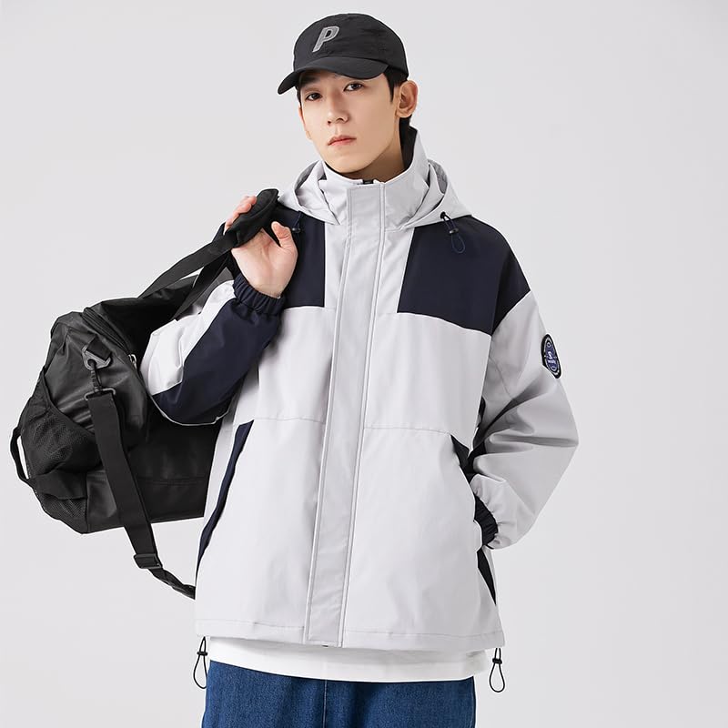 Venzina® Outdoor Hiking Jacket for Men, Splashproof Hoodie with Elastic Windproof Cuffs, Zippered Pockets, Double-Layer Thermal Design, Fashion Sporty Jacket for Hiking & Urban Commute, Light Gray-L