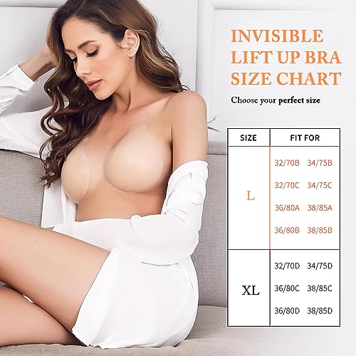 MAYCREATE® Adhesive Bra, Strapless Sticky Bra Push Up Invisible Lift Up Bra Reusable Invisible Silicone Bra Stick on Bra Adhesive Backless Strapless Push Up Bras, L, Beige