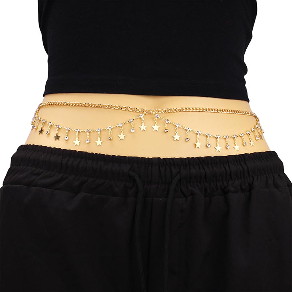 PALAY® Waist Chain for Women Stylish Sexy Dual Layer Metal Belly Hip Chain Fashion Ladies Rhinestone Stars Pendent Waist Chain for Saree, Crop Tops, Bikinis, Lehengas - 26-41 Inch