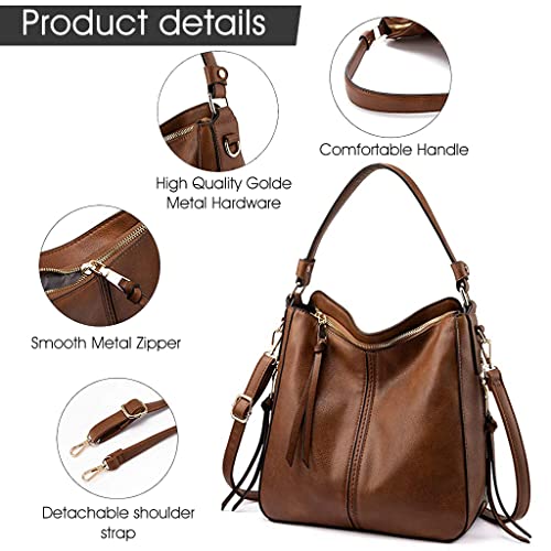 ZIBUYU® Tote Handbag for Women Fashion Faux Leather Tote Bag Classic Shoulder Crossbody Bags for Lady Girl Solid Color Brown