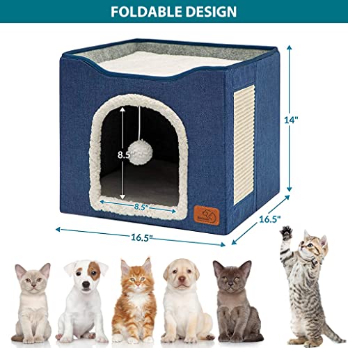 Qpets® Cat Beds for Cats Large Cat House Cat Cave for Pet Cat House with Fluffy Ball Hanging Toy and Scratch Pad, Foldable Cat House Cat Hidewawy, Blue, 16.5x16.5x14 inches