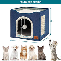 Qpets® Cat Beds for Cats Large Cat House Cat Cave for Pet Cat House with Fluffy Ball Hanging Toy and Scratch Pad, Foldable Cat House Cat Hidewawy, Blue, 16.5x16.5x14 inches