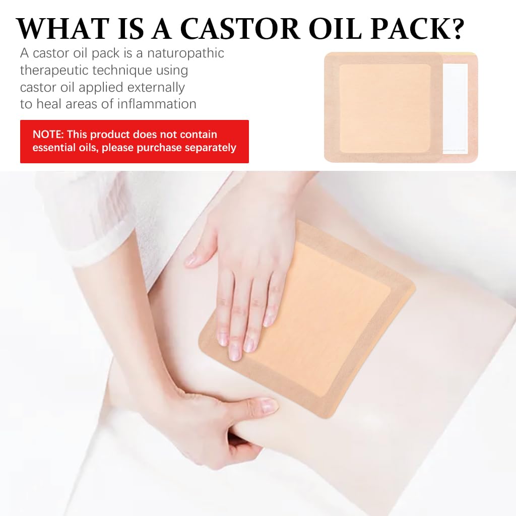 HANNEA Castor Oil Patches 10Pcs for Liver Relief with Leak Proof Design and Organic Cotton | Self Adhesive Wrap Pads