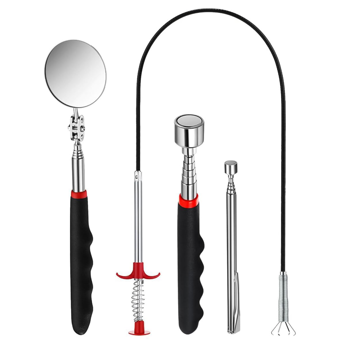 HASTHIP Magnetic Pick Up Tools Set of 4Pcs Telescopic Pickup Tools with Flexible Spring Loaded Grabber Tool & Telescopic Inspection Mirror Pocket Magnetic Pickup Sticks with Clip
