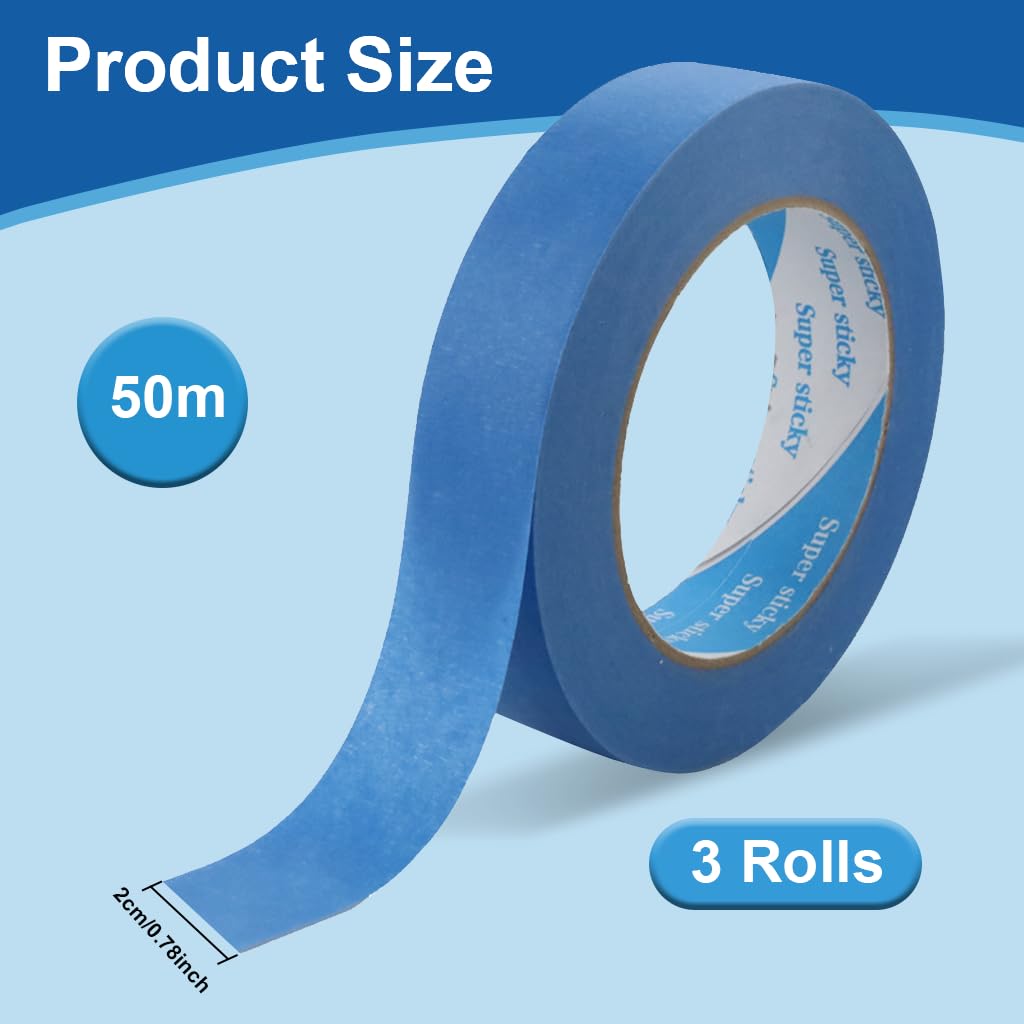 Serplex Painter's Tape for Trim Masking and Electronics | 3 Rolls 20mm × 50m UV-Resistant Blue Crepe