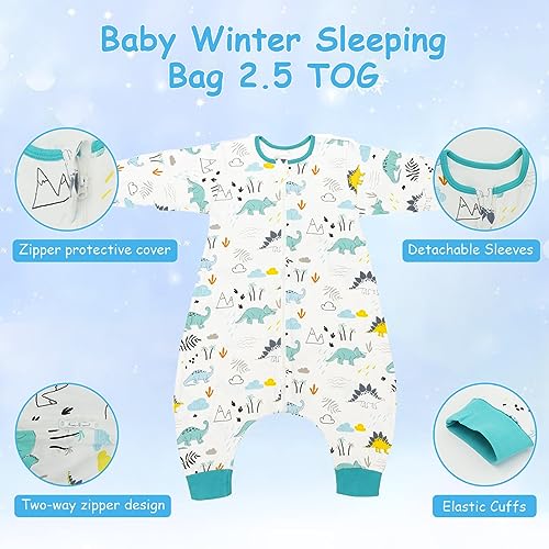 SNOWIE SOFT® Baby Sleepsuits Sleeping Bag with Feet 0.5 TOG Wearable Blanket Baby with Long Sleeve Sleep Sack for Infant Toddler 100% Cotton Walking Sleeping Pajamas for Girl Boy 6-18 Months Dinosaur