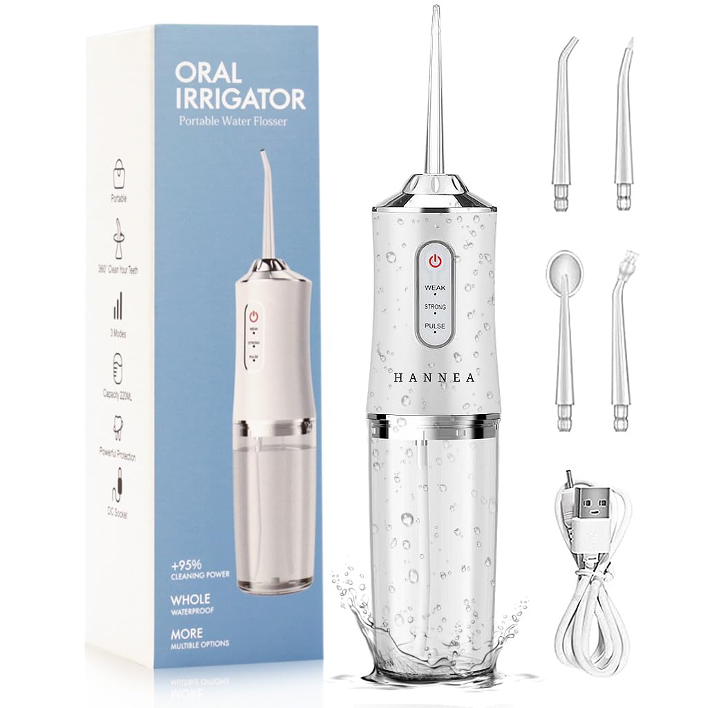 HANNEA Water Dental Flosser for Teeth Cleaning with 3 Modes 4 Jets and 220ml Tank | IPX7 Waterproof Rechargeable Oral Irrigator