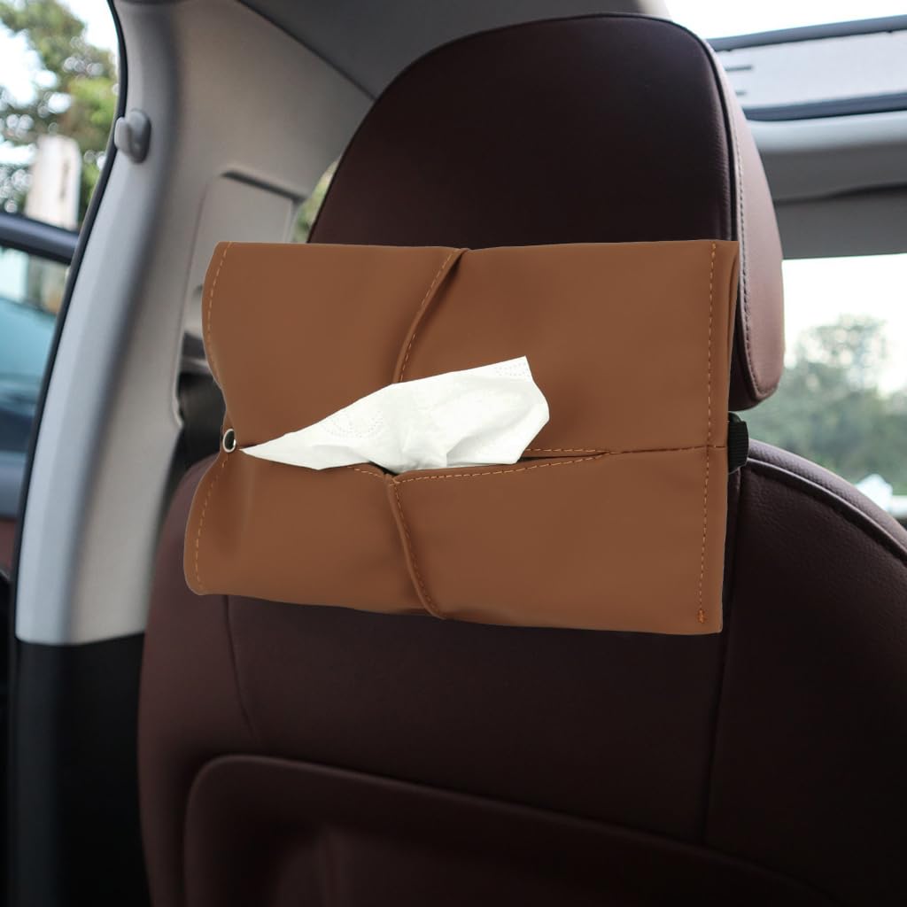 STHIRA Car Tissue Box for Center Console and Headrest featuring Adjustable Elastic Strap | Brown PU Leather Accessory