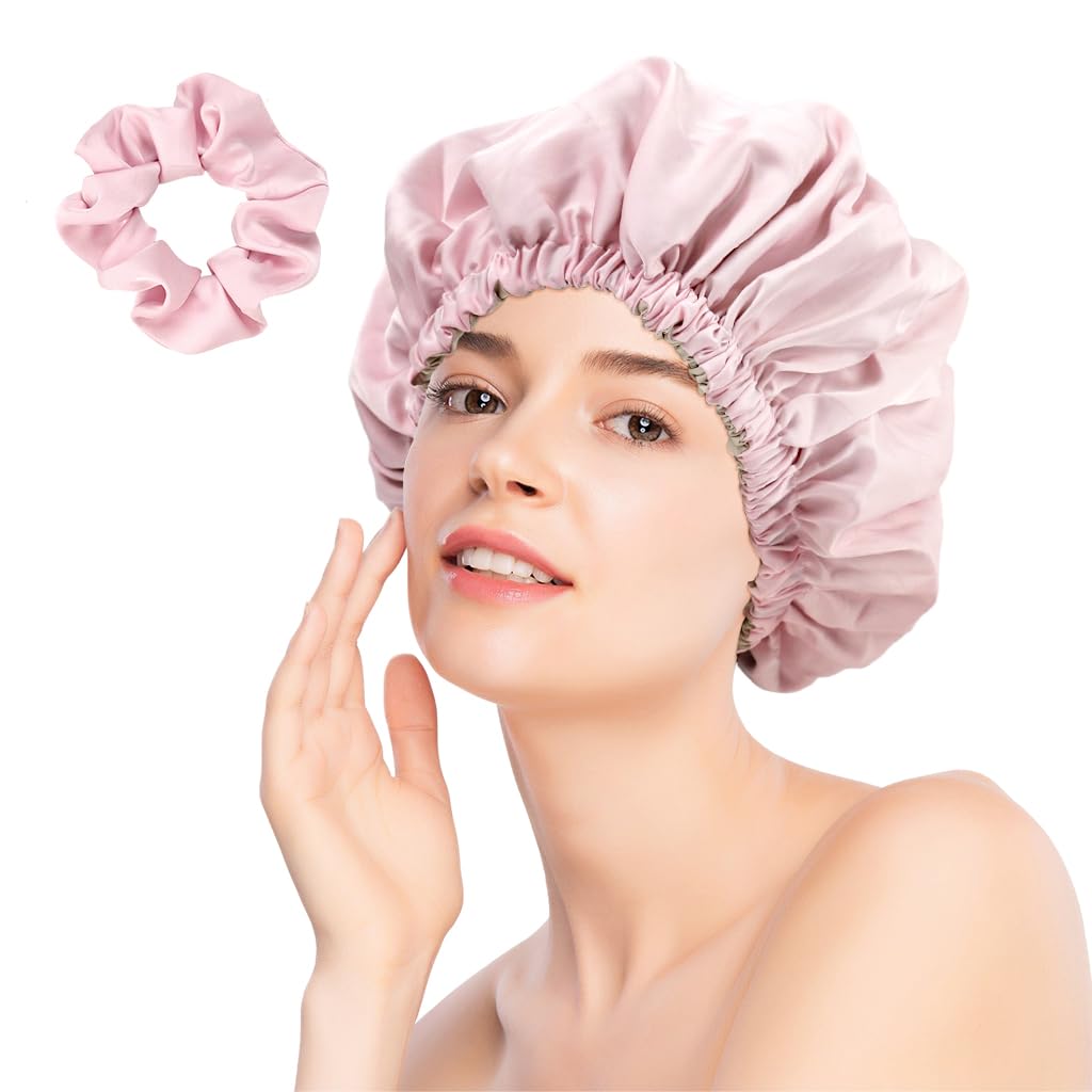 MAYCREATE Silk Bonnet for Sleeping with Adjustable Stretch Headband and 1 Scrunchie | Double‑Sided Satin Cap for Women Hair Protection