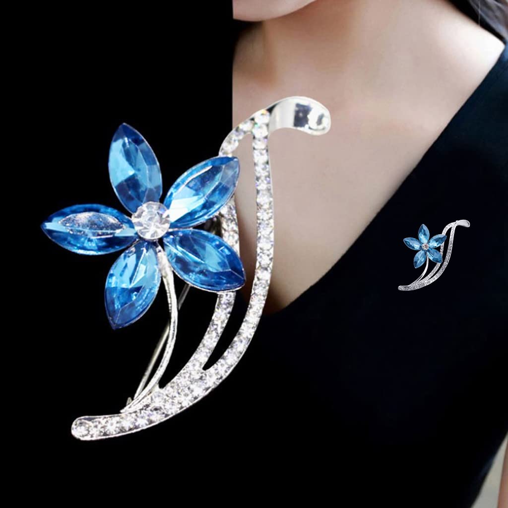 HASTHIP Rhinestone Floral Brooch for Women featuring Blue Crystal Flower Design | 5.3×2.6 cm Zinc Alloy Accessory