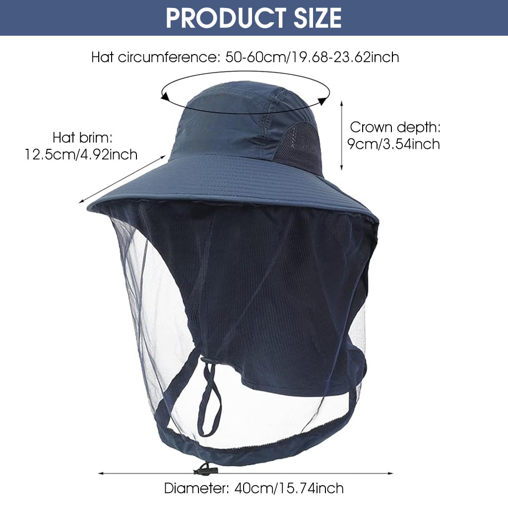 GUSTAVE® Bucket Hat for Men, Mosquito Net Hat Sun Hat with Neck Flap Breathable UV Protection Gardening Bug Net Hat Adjustable Chin Up Design Outdoor Mosquito Net Hat for Hiking, Fishing, Navy Blue