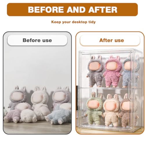 HASTHIP® PET Display Box for 4'' Collectible Figures, Double Layer Display Closet with Door, Desk/Wall Clear Sealed Display Stand with Flexible Shelf, 27x14x36cm