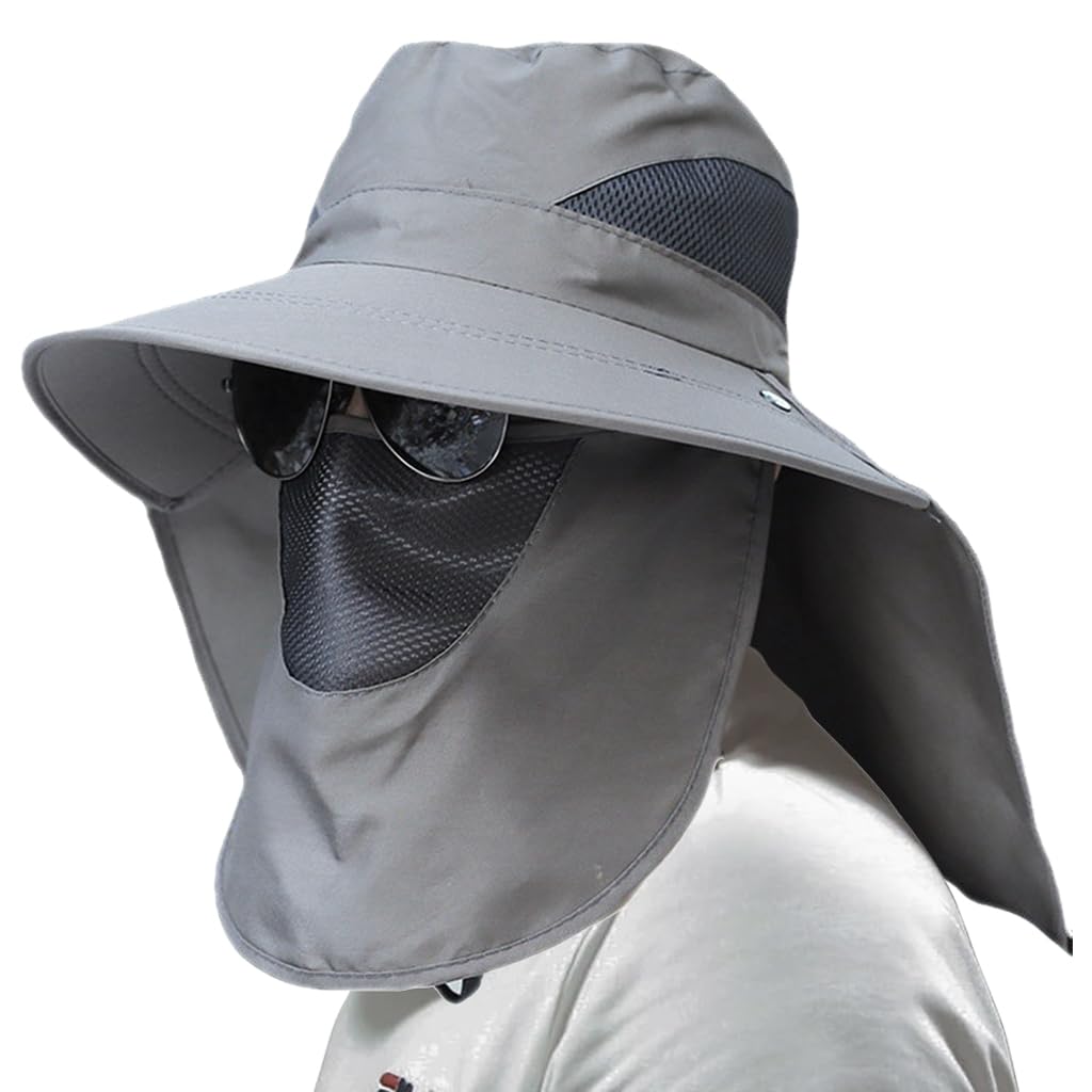 GUSTAVE Wide Brim Hat 360 Degree UV-Protection Sun Hat with Neck Flap & Removable Face Cover Outdoor Unisex Sun Hat with Chin Strap, Breathable Sun Hat for Hiking, Fishing, Gardening