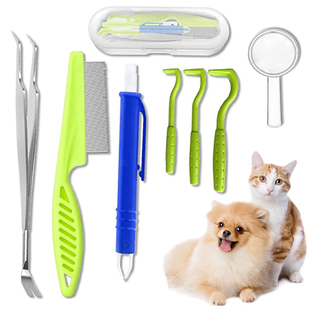 Qpets® 2 Pcs Tick Remover Tool Set, Pet Lice Remover Tick Tweezer Pet Shops Insect Trapping Forceps Flea Hooks for Dogs Cats with Storage Leather Tool Bag