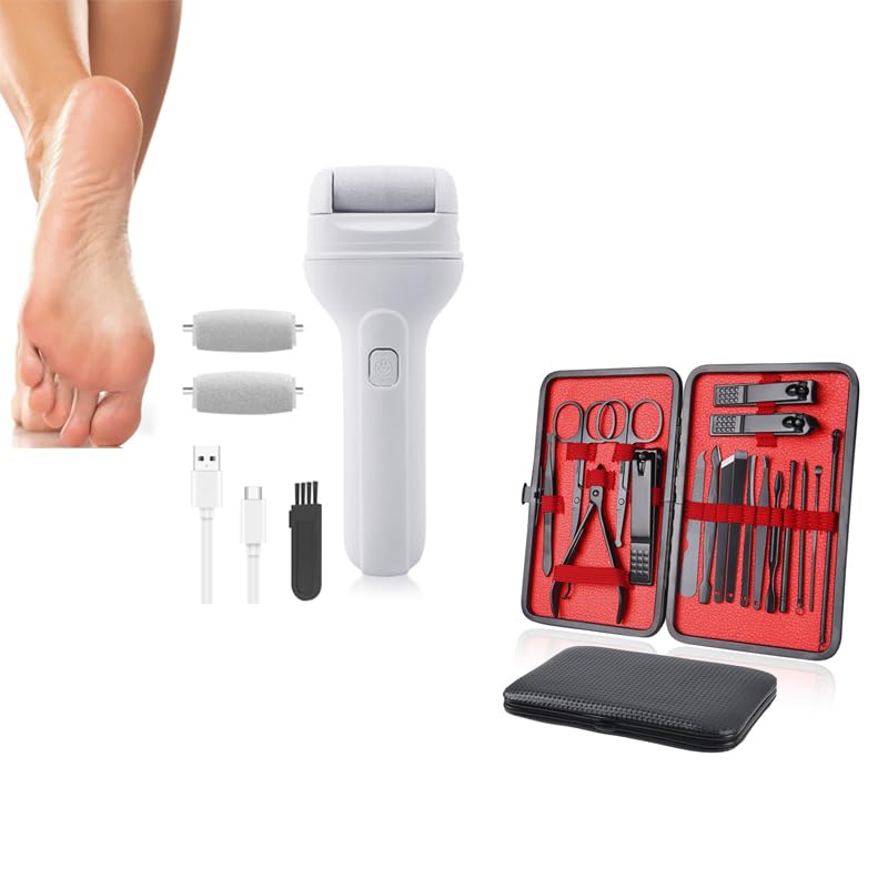ZIBUYU® 2PC Electric Foot Scrubber & 18PCS Stainless Steel Nail Cutter Set, Professional Pedicure Manicure Grooming Kit for Women & Men, Rechargeable, 3 Rollers, Travel Case Included