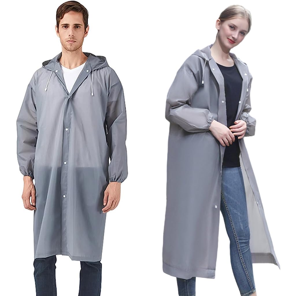 Optifit® 2 Pcs Reusable EVA Raincoats with Hood Unisex Rain Ponchos Hooded Raincoat for Camping, Hiking, Music Festival & Outdoor Activities (Grey)