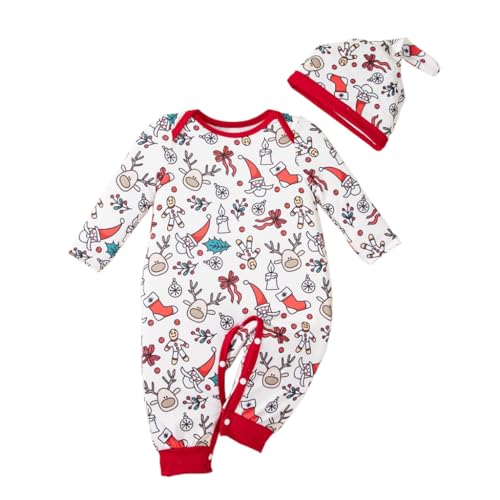 SANNIDHI® Baby Christmas Outfit Set for 6-9 Month, Holiday Festive Baby Jumpsuit with Matching Hat, Button Up Crotch Design, Infant Holiday Wear