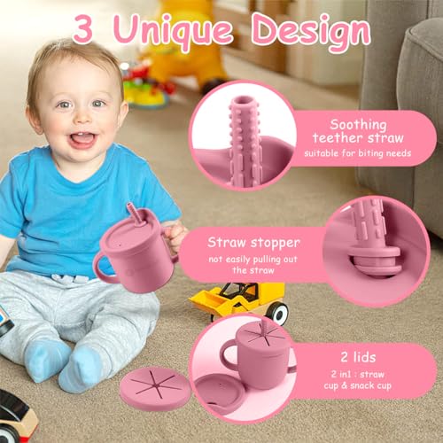 SNOWIE SOFT® Silicone Sippy Cup with Straw Baby Cup Silicone Training Cup with 2 in 1 Lid, with Teether Straw & Draining Lid, BPA-Free, Spill Proof Non-Slip Baby Straw Cups 6-12 Months Toddlers 250ml