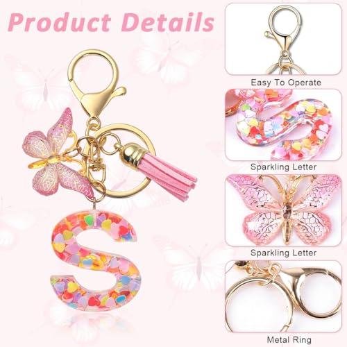 ZIBUYU® Letter S Keychain Metal Keyring Backpack Charm Bag Decoration Pink Butterfly Clear Resin Embedded Sequins Stylish Gift for Girls 3 PCS