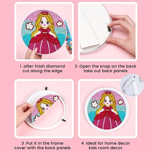 PATPAT® 5D Diamond Painting Kits for Kids Wooden Frame Diamond Arts and Craft Kit Cartoon Princess Diamond Art Kit with Frame & Tool Art Craft DIY Desk Decoration for Girls 6-8 9-12 Gift for Kids