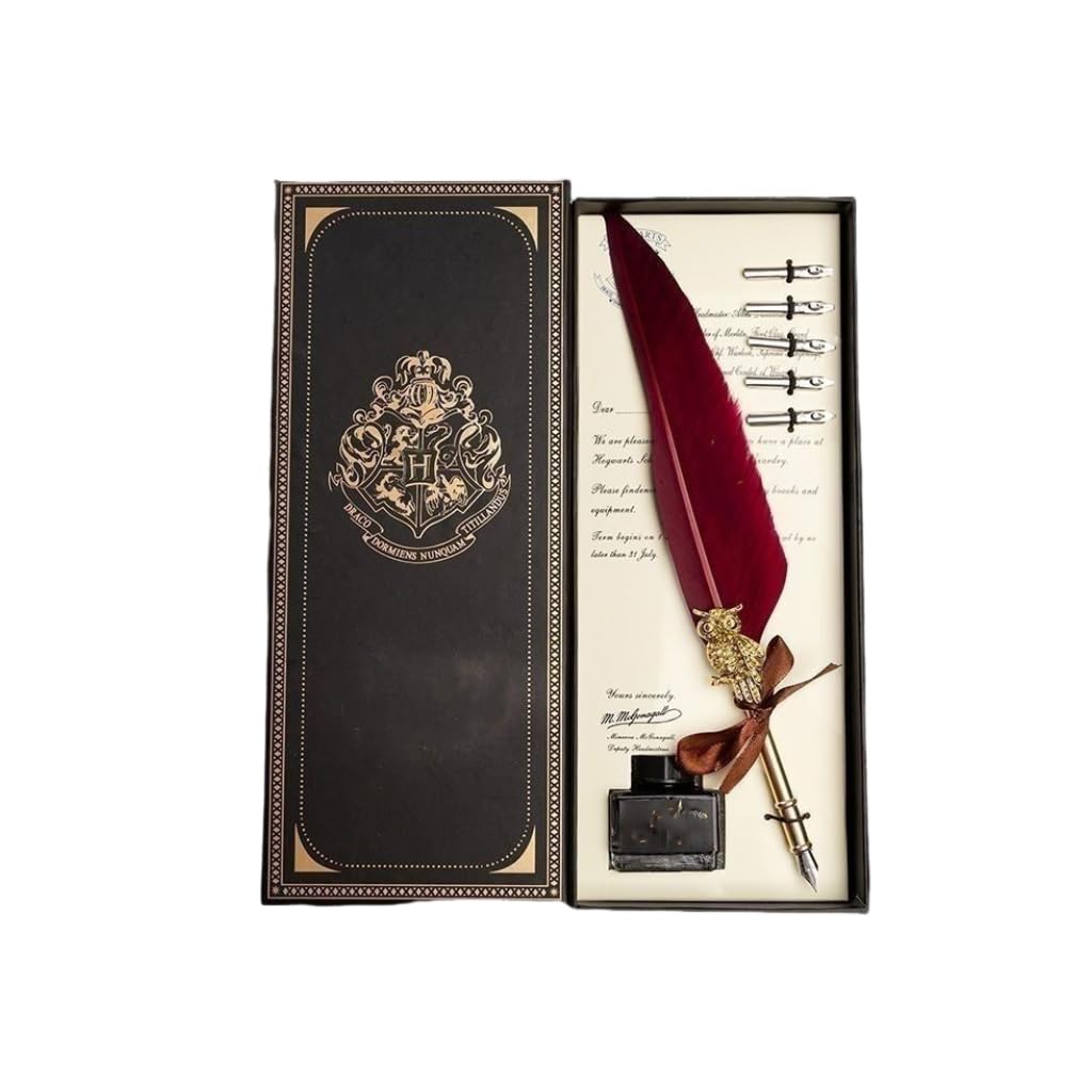 Zibuyu Feather Quill Pen Set for Calligraphy with 5 Nibs and Ink Bottle Base | Handmade Gift