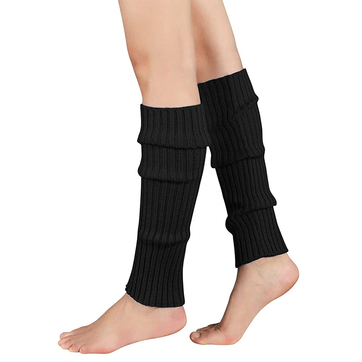 PALAY® Leg Warmers for Women Juniors Fashion Ribbed Knitted Calf Length Stocking Boot Socks Cuffs Fall Winter Leg Warmer for Party Sports Yoga (Black)