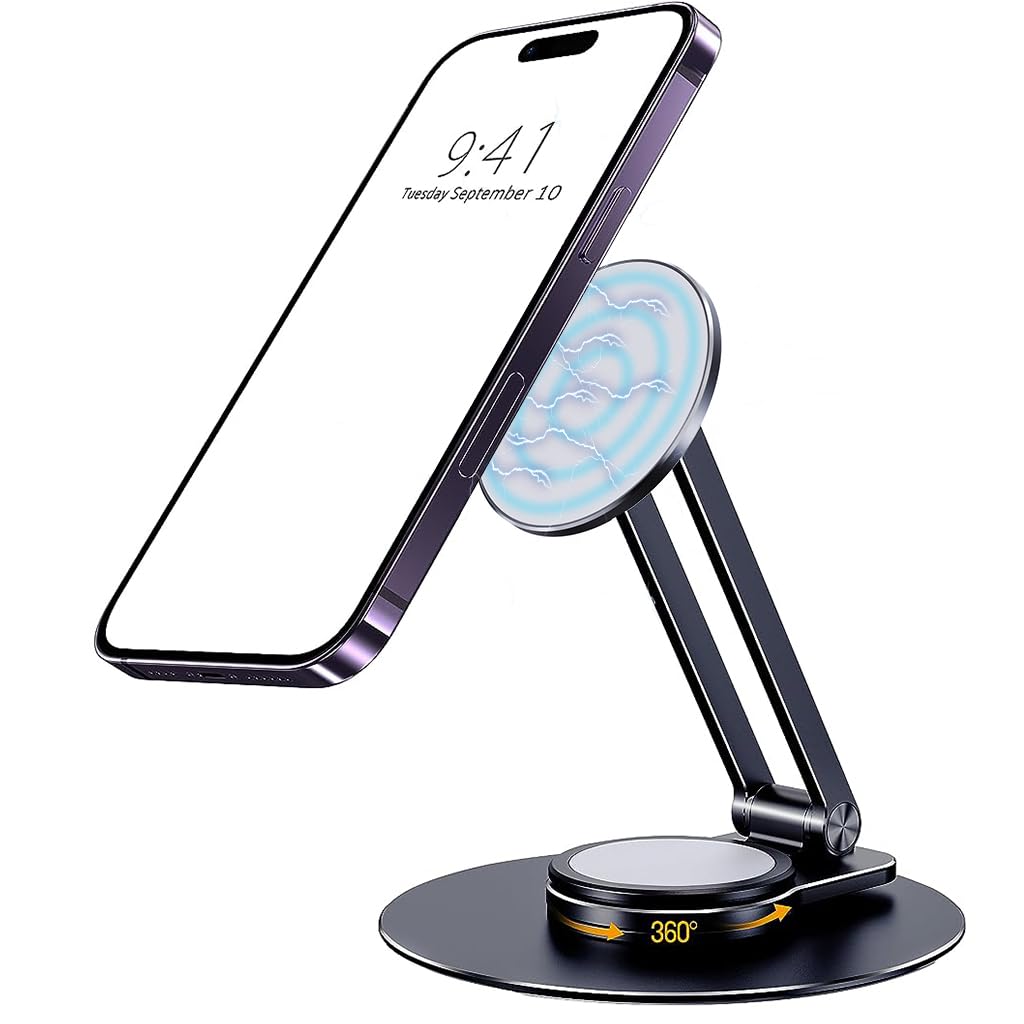 ZORBES Magnetic Phone Stand for Study with 360° Rotation Base and Aluminum Alloy | Adjustable Desk Holder for iPhone 16 to 13 Series