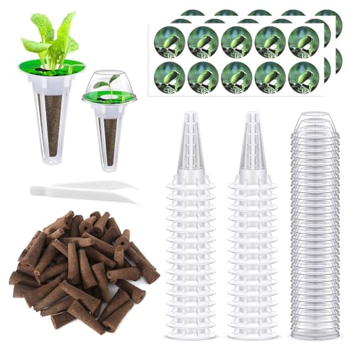 HASTHIP Hydroponic Grow Basket Kit - Gardening Hydroponic Garden Accessories - Including Seed Trays, Transparent Lids, Planting Stickers, Seedling Soil, Tweezer for Seed Starting System Kit (121 Pcs)